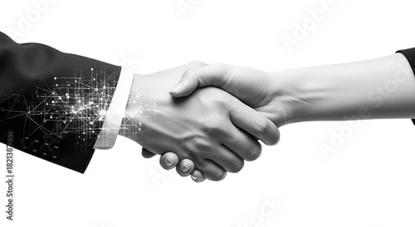 Obraz Close-up of two hands shaking with digital network overlay in monochrome handshake agreement isolated on a transparent background