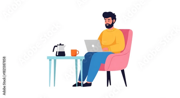 Obraz Man with beard wearing yellow sweater working on laptop with coffee on small table graphic design isolated on a transparent background
