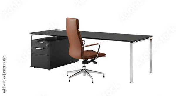 Obraz Modern executive desk with brown leather office chair and black filing cabinet furniture isolated on a transparent background