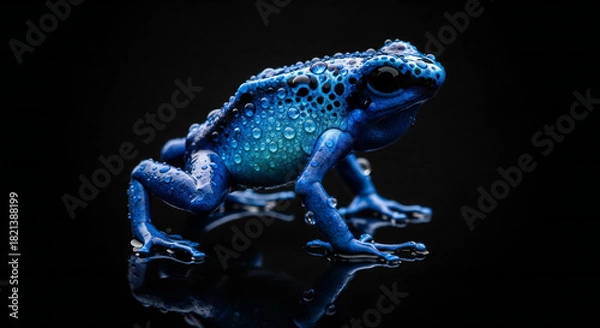 Fototapeta Striking poison dart frog showcasing intricate blue skin patterns against a stark black backdrop
