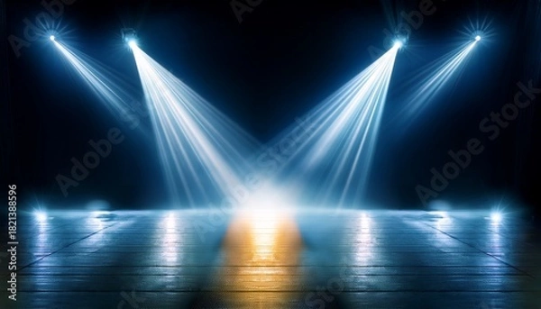 Fototapeta Four Bright Stage Lights Converge In A Dark Setting Creating Intense Beams Of Light