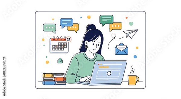 Obraz Woman working on laptop with communication and planning icons Keywords: woman, laptop, computer, working, desk, online, communication, messaging isolated on a transparent background