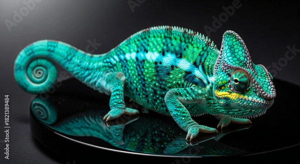 Obraz A vibrant male panther chameleon presents its vivid turquoise and green coloration on a dark stage