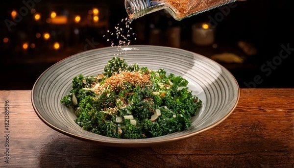 Fototapeta Fresh Kale Salad With Toppings Being Prepared In Restaurant Setting