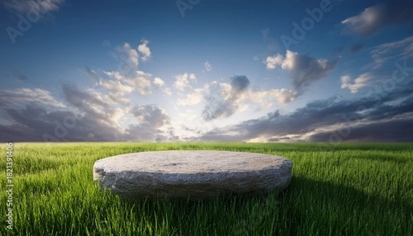 Fototapeta Natural Stone Podium On Meadow Grass Field And Cloudy Sky Background Nature And Weather Concept 3D Illustration Rendering