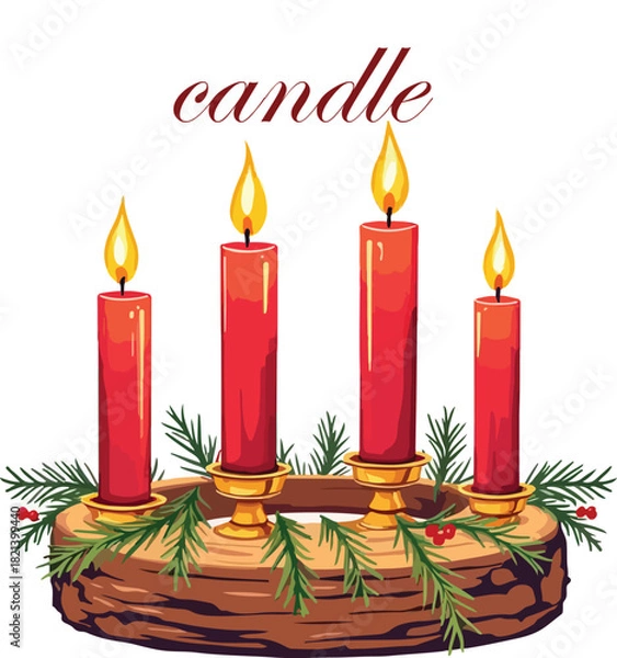 Obraz Red candle set on wooden base with pine branches, berries, golden holders, and “candle” text in cursive