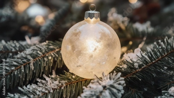 Fototapeta Elegant Christmas Ornament on Snowy Evergreen Branch.