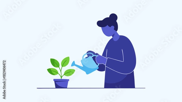 Obraz Watering Plant Caring for a Plant in a Pot Vector Illustration