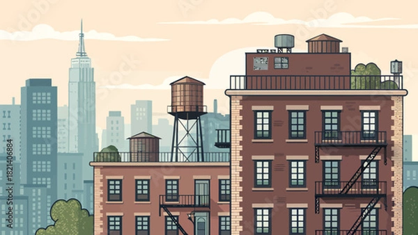 Fototapeta Urban landscape featuring iconic New York buildings and water towers in a vintage style design