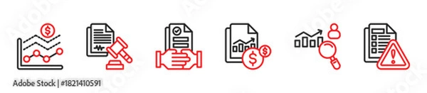 Fototapeta Icons of Forecast, Legal Document, Contract, Financial Statement, Performance Review, Risk Assessment. Vector Illustration