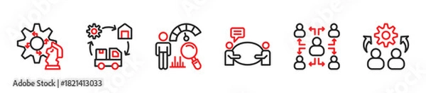 Fototapeta Icons of Strategy, Supply Chain, Benchmark, Consultancy, Networking, Outsourcing. Vector Illustration