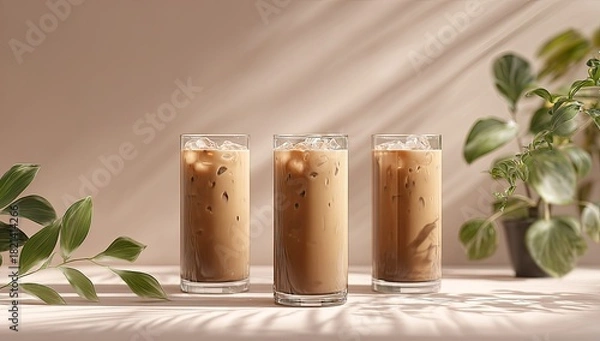 Obraz Three tall glasses of iced coffee sit on a surface, dappled with sunlight and shadow