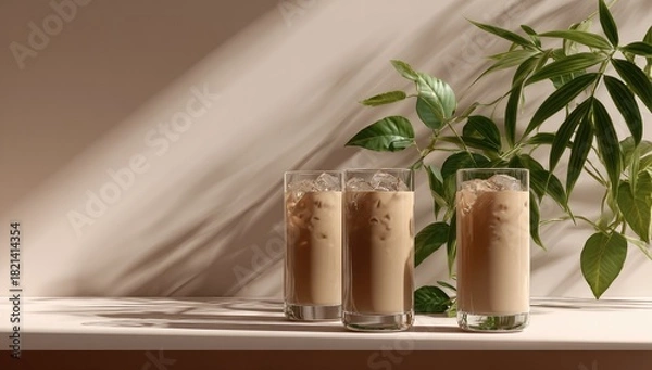 Obraz Three tall glasses of iced coffee sit on a table near a green leafy plant, shadow play