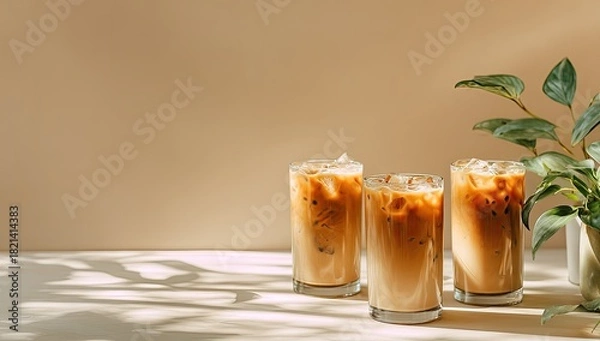 Obraz Three tall iced beverages sit on a neutral table next to a potted plant, shadow play present