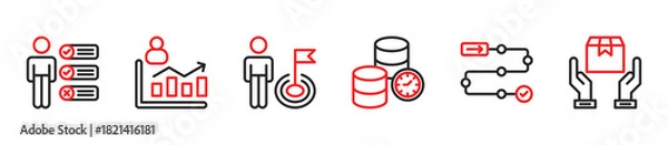 Fototapeta Icons of Check, Success, Goal Attainment, Actionable Data, Project Roadmap, Project Delivery. Vector Illustration