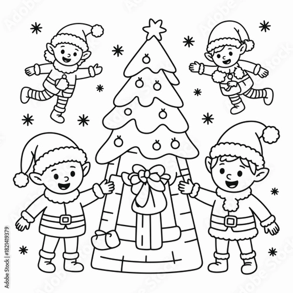 Obraz Cute cartoon elves and christmas tree coloring page with presents, snowflakes, outline drawing isolated on white background, Vector, illustration