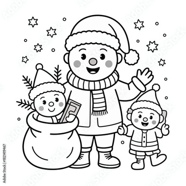 Obraz Cute snowmen family with santa hats and scarves, waving and holding gifts for christmas. isolated on white background, Vector, illustration