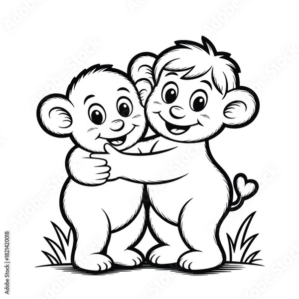Obraz Two cute cartoon bear cubs hugging each other warmly in a grassy field illustration isolated on white background, Vector, illustration