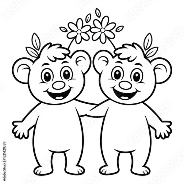 Obraz Cute cartoon koala bears holding hands with flowers, outline illustration for kids isolated on white background, Vector, illustration