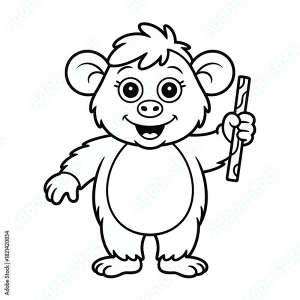 Obraz Cute cartoon bear holding a bamboo stick, line art illustration, isolated on white isolated on white background, Vector, illustration