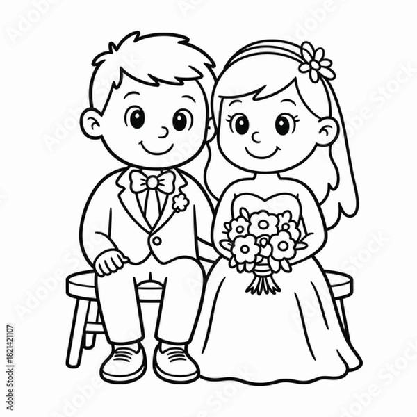 Obraz Cute cartoon bride and groom sitting together on a bench, black and white outline drawing isolated on white background, Vector, illustration