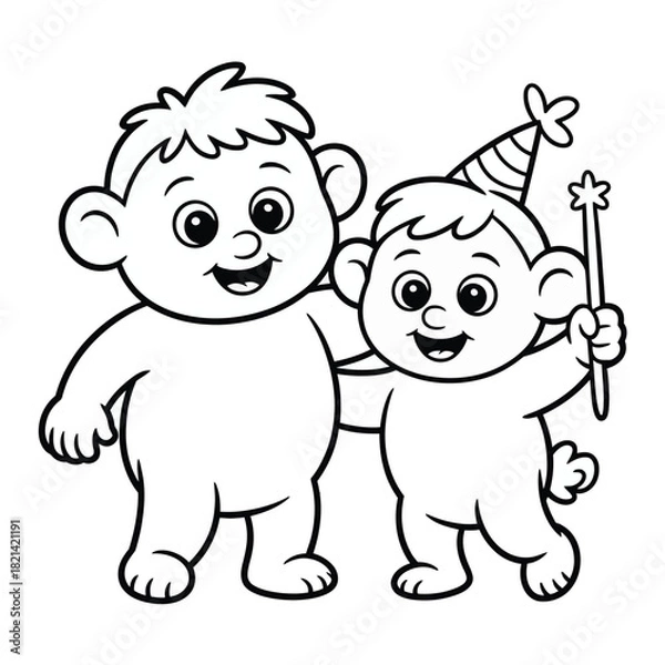 Obraz Two cartoon babies smiling and celebrating, one wearing a party hat and holding a wand isolated on white background, Vector, illustration