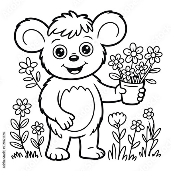 Obraz Cute teddy bear character holding a potted plant with flowers, line art illustration isolated on white background, Vector, illustration