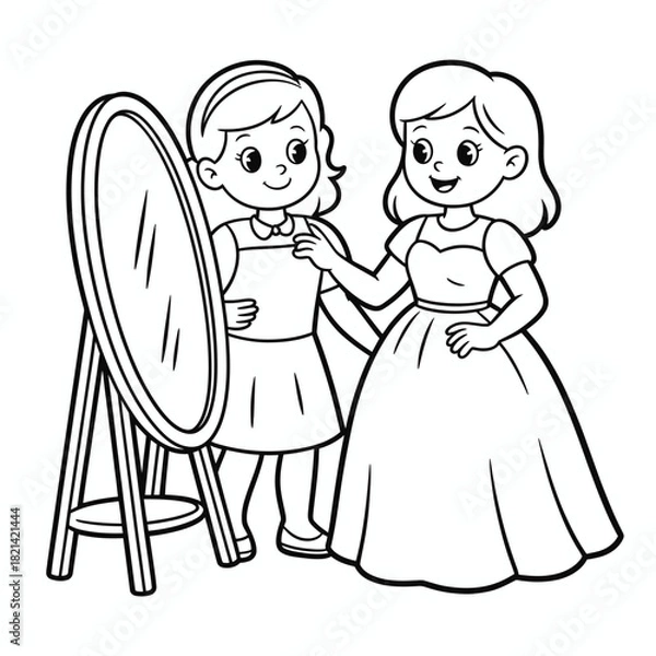 Obraz Two cartoon girls trying on a dress in front of a mirror, simple line art illustration isolated on white background, Vector, illustration