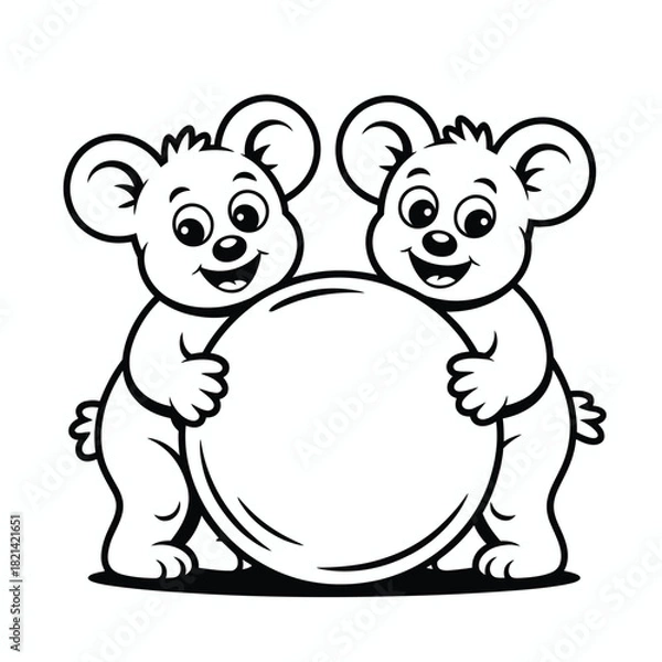 Obraz Two cartoon bears holding a large white sphere, black and white illustration isolated on white background, Vector, illustration