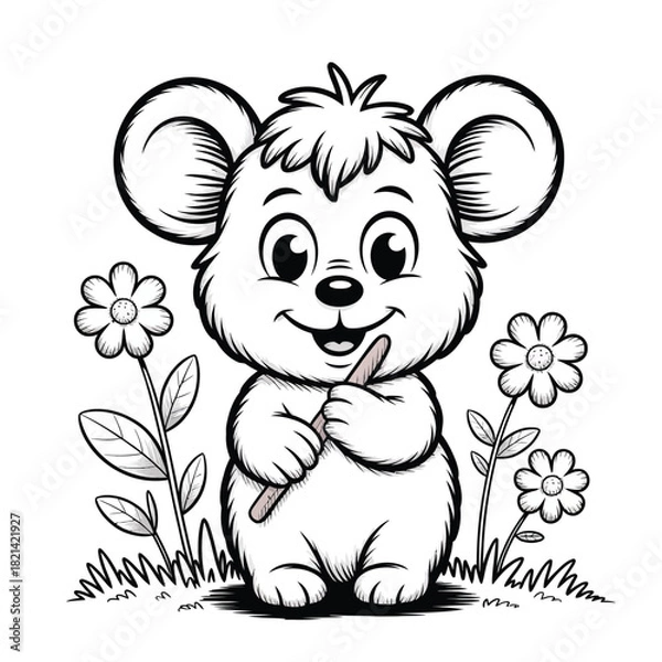 Obraz Happy cartoon bear cub holding a paintbrush amidst flowers and grass in outline style isolated on white background, Vector, illustration