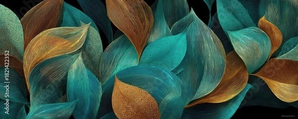 Fototapeta Abstract digital artwork featuring overlapping teal and gold leaf shapes against black