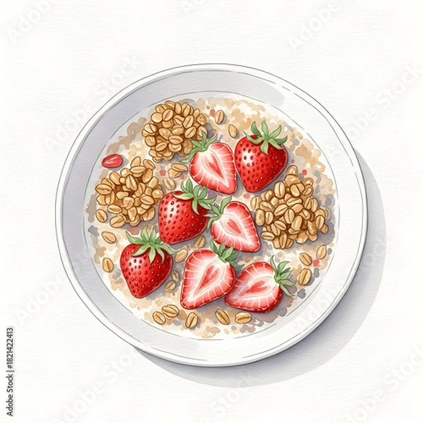Obraz Delicious bowl of oatmeal topped with fresh strawberries and crunchy granola for a healthy breakfast