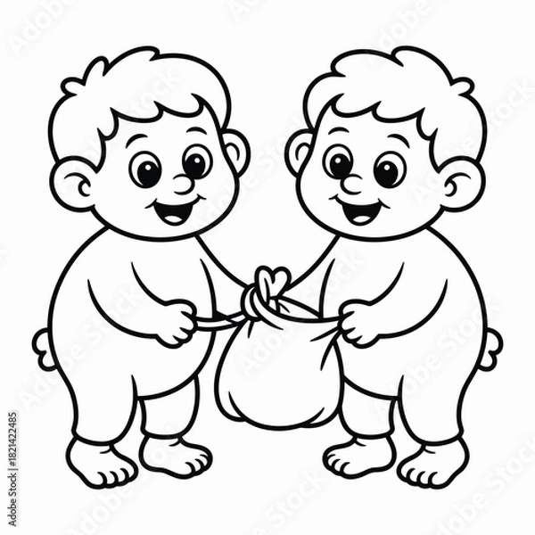 Obraz Two happy cartoon babies sharing a bag, isolated on white background, illustration isolated on white background, Vector, illustration