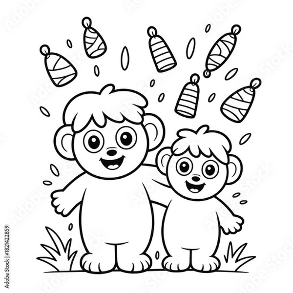 Obraz Two cute cartoon teddy bears with party hats falling around them on white background isolated on white background, Vector, illustration