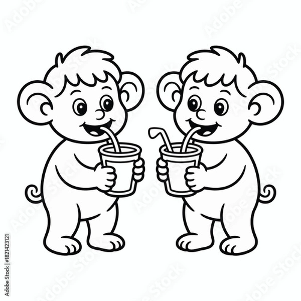 Obraz Two happy cartoon monkeys drinking from cups with straws, line art illustration isolated on white background, Vector, illustration