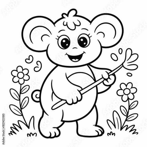 Obraz Cute cartoon bear cub holding a paintbrush and flowers, coloring book style drawing isolated on white background, Vector, illustration