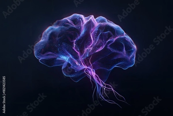 Fototapeta Abstract digital rendering of a glowing, translucent brain against a dark background
