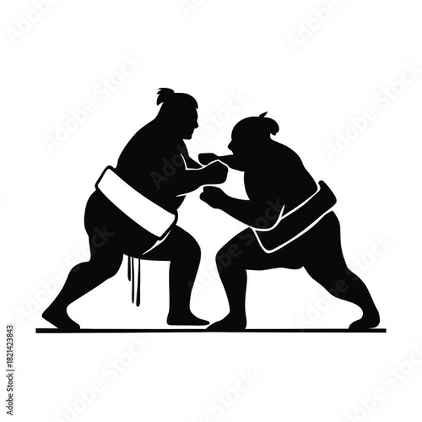 Obraz Two sumo wrestlers in silhouette facing each other in a fighting stance. 76 isolated on white background, Vector, illustration