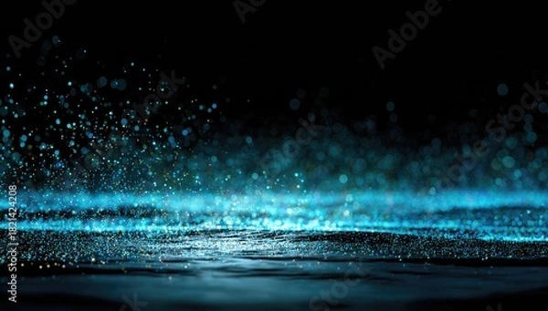 Fototapeta Abstract ethereal scene featuring blue light particles rising from a dark, reflective surface