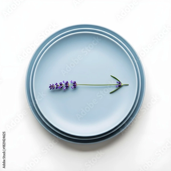 Obraz Delicate lavender sprig and metal arrow point to the right on a light blue ceramic plate