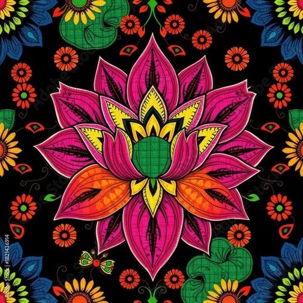 Obraz seamless floral pattern, Lotus Pattern, Intricate Mandala Lotus Pattern Art: Traditional Indian Folk Design, Bohemian Floral Wallpaper and Detailed Ethnic Artwork