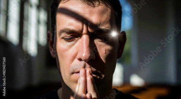 Obraz Stern face in prayer illuminated by sharp window frame shadow in Protestant church setting