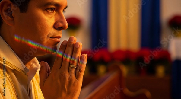 Fototapeta Warm-toned portrait of a man praying in a vibrant Latin American church setting with colorful sunlight reflections