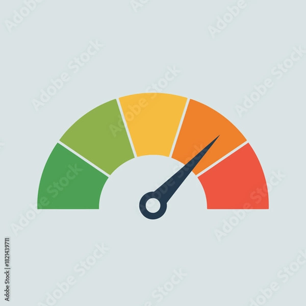 Obraz Gauge with colored segments indicating performance from green to red, pointing towards orange isolated on white background, Vector, illustration