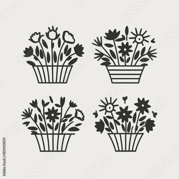 Obraz Four elegant floral illustrations in baskets, vector line art, clean and decorative design. isolated on white background, Vector, illustration