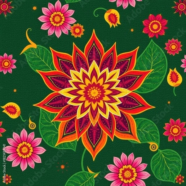 Obraz seamless floral pattern, Lotus Pattern, Intricate Mandala Lotus Pattern Art: Traditional Indian Folk Design, Bohemian Floral Wallpaper and Detailed Ethnic Artwork