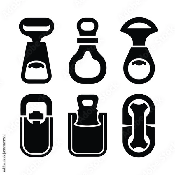 Obraz Set of six vector icons representing different types of bottle openers and openers isolated on white background, Vector, illustration