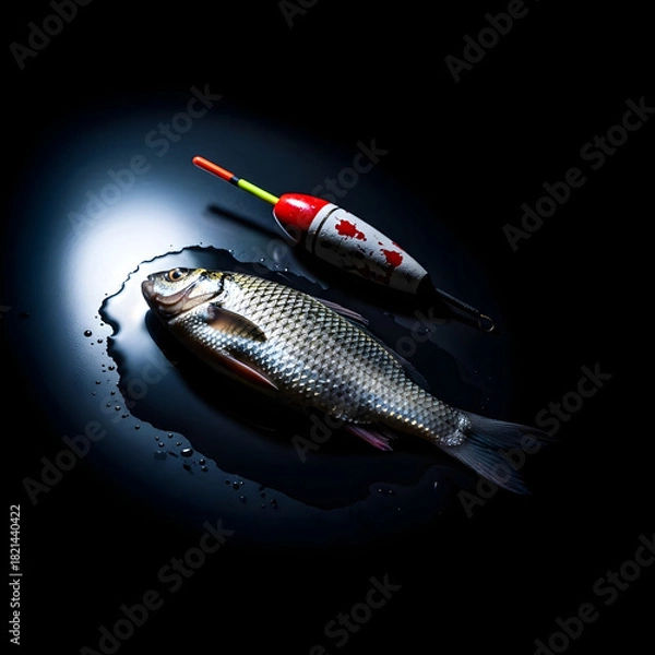 Fototapeta Freshly caught fish and fishing bobber illuminated by dramatic spotlight against dark background