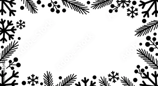 Fototapeta Black silhouette snowflakes and pine branches frame with copyspace, festive winter holiday and seasonal decoration