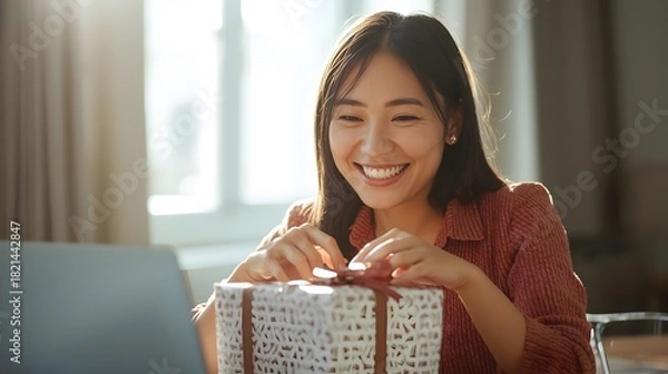 Obraz A young woman joyfully opens a gift, her eyes sparkling with anticipation and genuine delight.